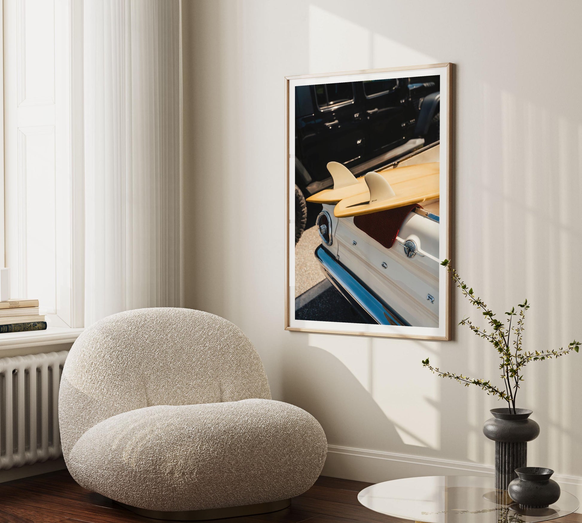 Surfboard and Vintage Car Print, Retro Surf Decor, Ditch Plains Montauk Wall Art, Framed or Unframed
