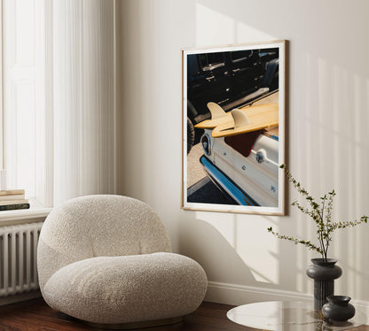 Surfboard and Vintage Car Print, Retro Surf Decor, Ditch Plains Montauk Wall Art, Framed or Unframed
