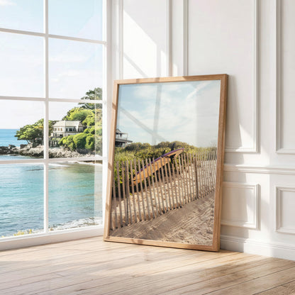 Surfboard Photography, Sand Fence Print, Montauk, Ditch Plains Beach, Surf Lifestyle, Hamptons Coastal Home Decor
