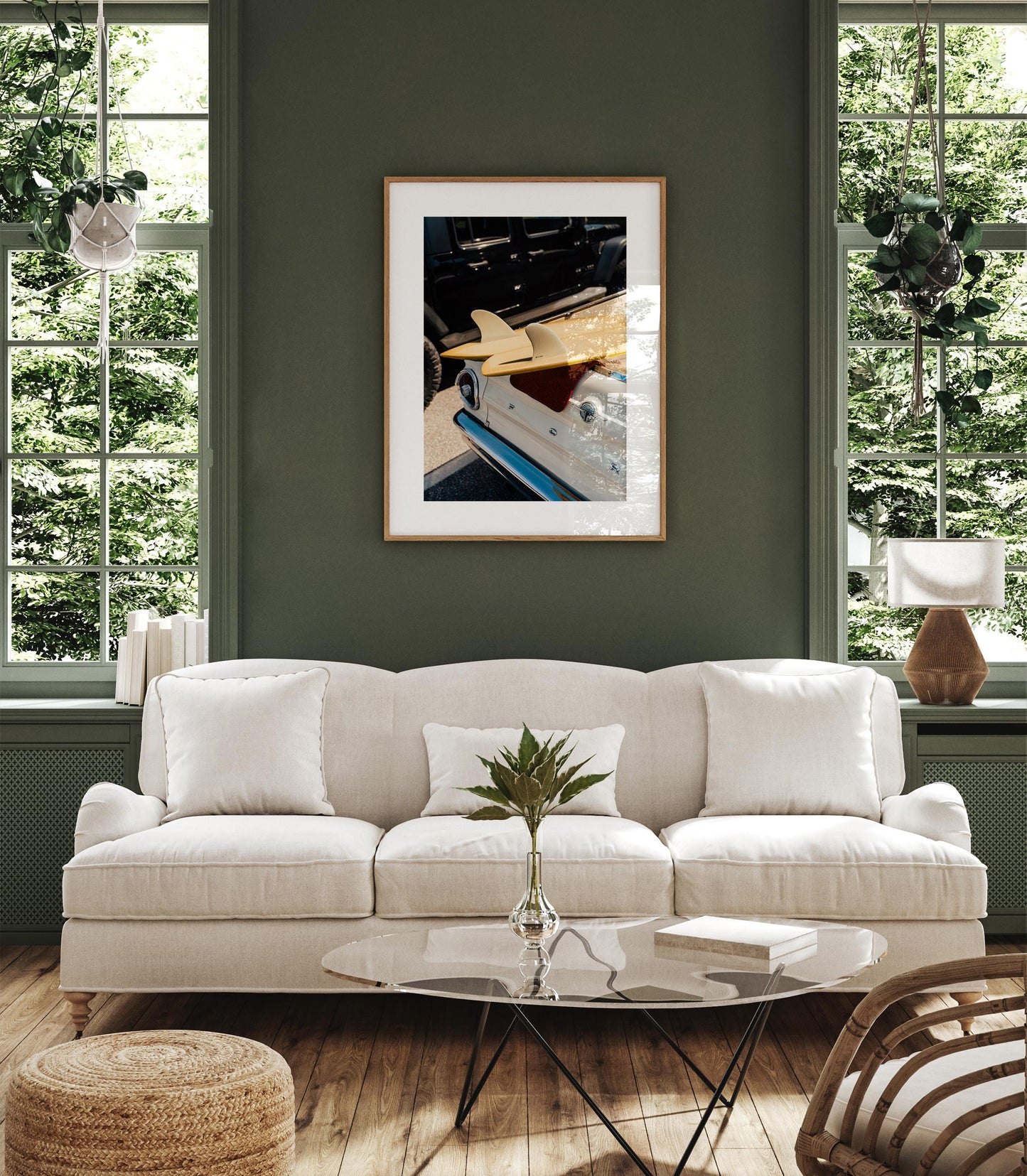 Surfboard and Vintage Car Print, Retro Surf Decor, Ditch Plains Montauk Wall Art, Framed or Unframed