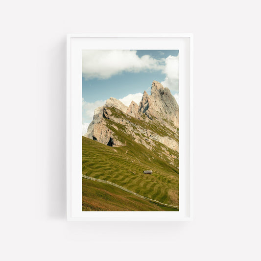 Dolomites Photography Print, Italian Alps Wall Art, Seceda Mountain Landscape, Alpine Cabin, Italy Nature Picture
