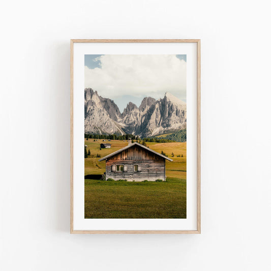 Dolomites Photography Print, Alpe di Siusi Wall Art, Italian Alps Cabin, Mountain Landscape, Italy Nature Decor
