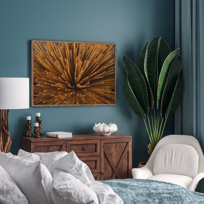 Cozy bedroom with a white chair, wooden dresser, large plant, and Incense artwork on a teal wall.