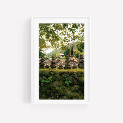 Set of 3 framed photos featuring a verdant landscape with a stone pagoda and mountains in the background.