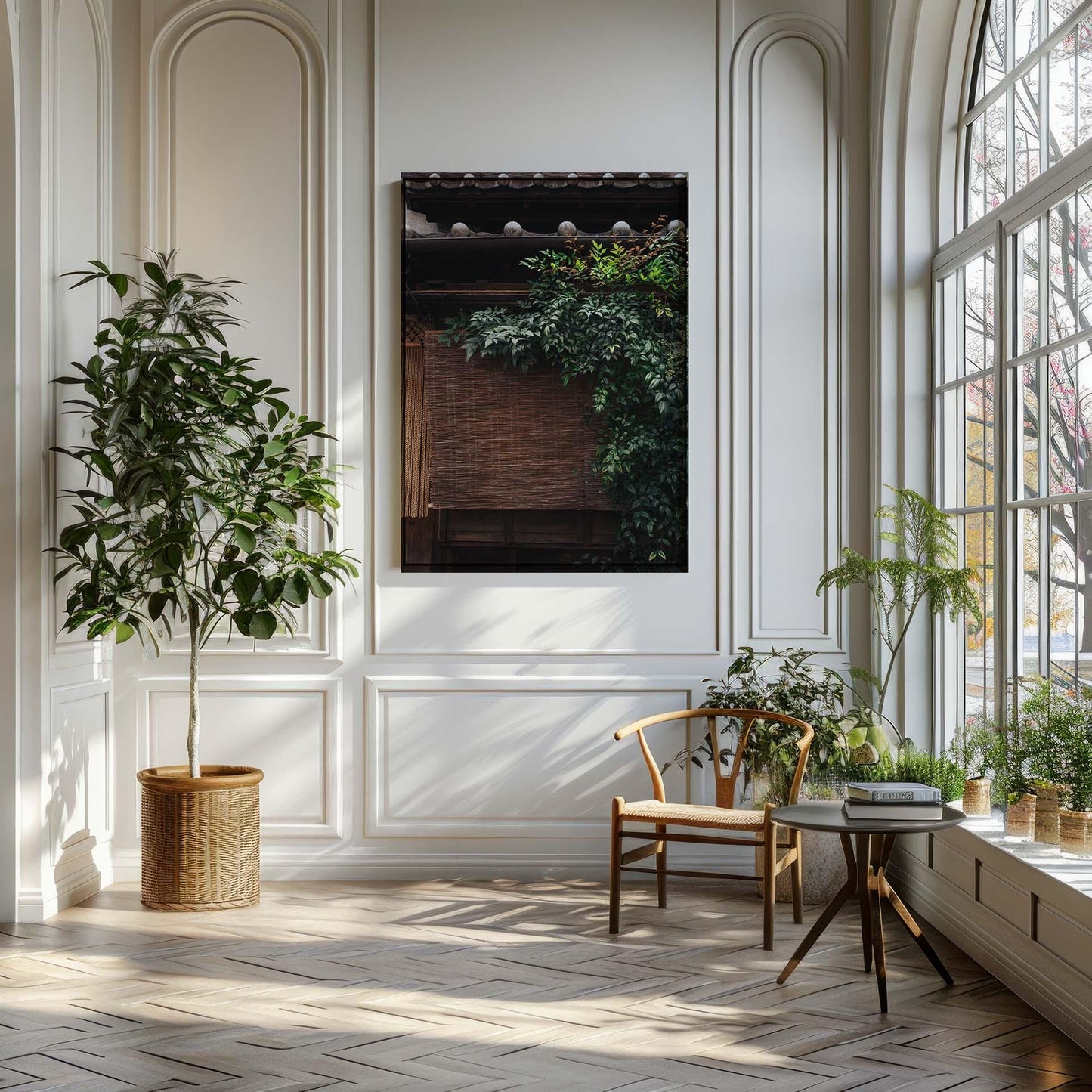 A sophisticated space featuring Kagurazaka Essence includes potted plants, a large arched window, and a framed picture on the wall.