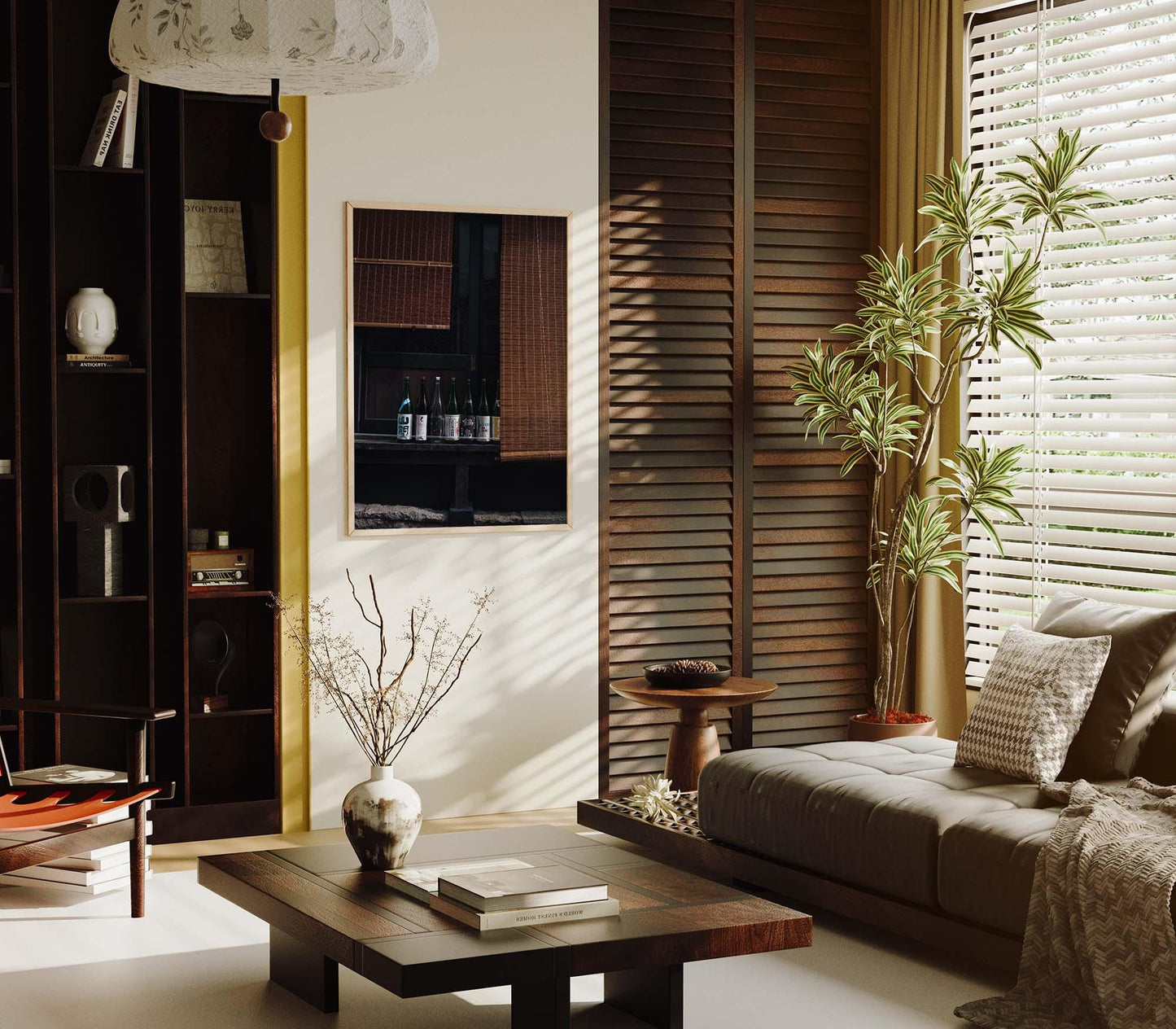 Cozy living room with a modern design, featuring Kagurazaka Sake, a sofa, wooden table, plants, and large windows with blinds.