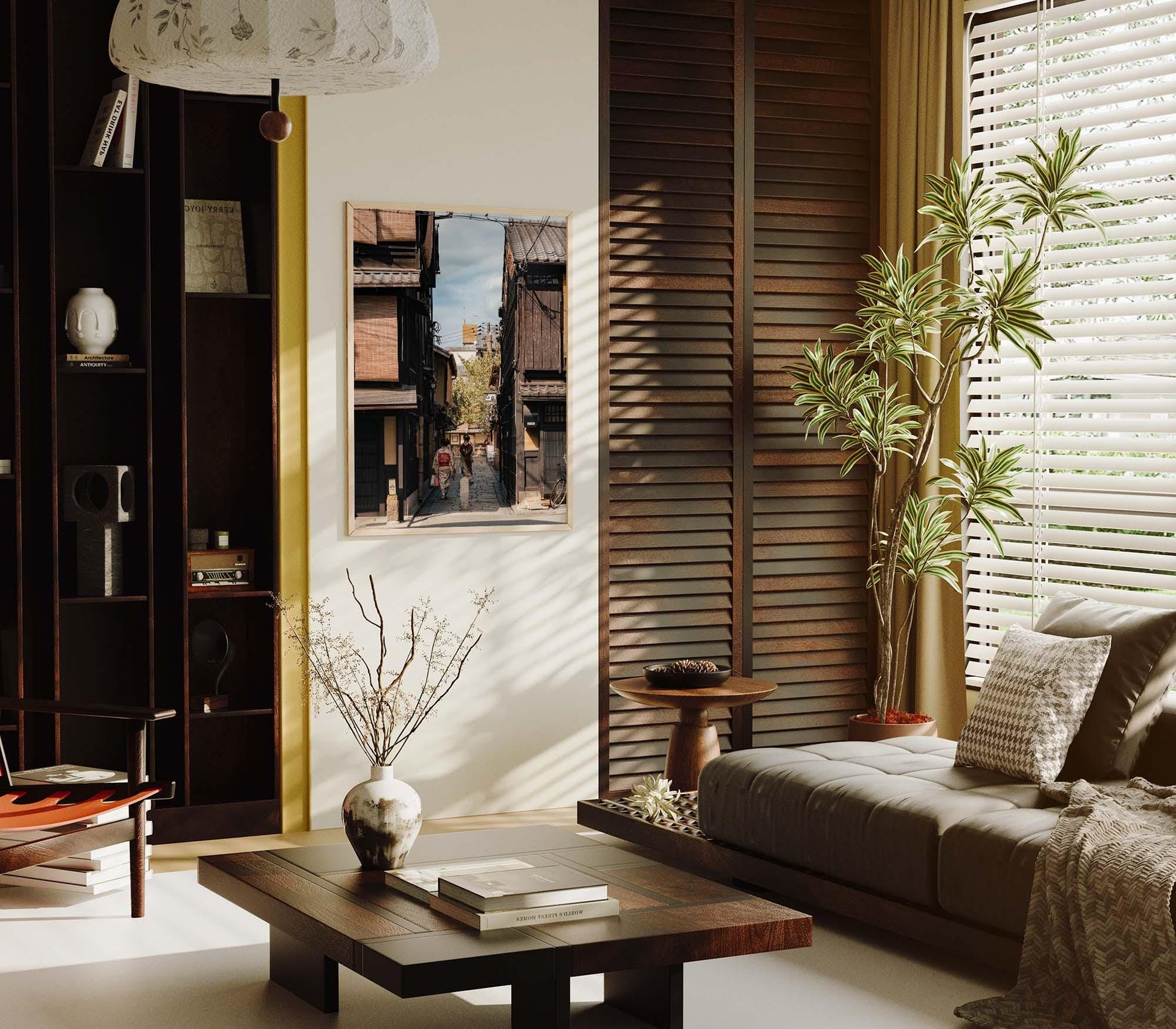 Cozy living room with wooden furniture, a large plant, and artwork titled Kimonos in Gion depicting a street view on the wall.