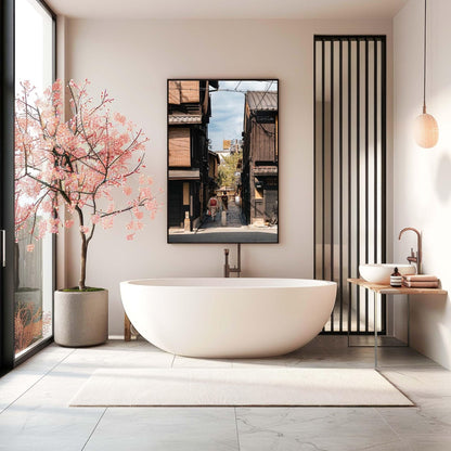 Minimalist bathroom with a freestanding tub, cherry blossom tree, and Kimonos in Gion artwork depicting a Japanese street scene.