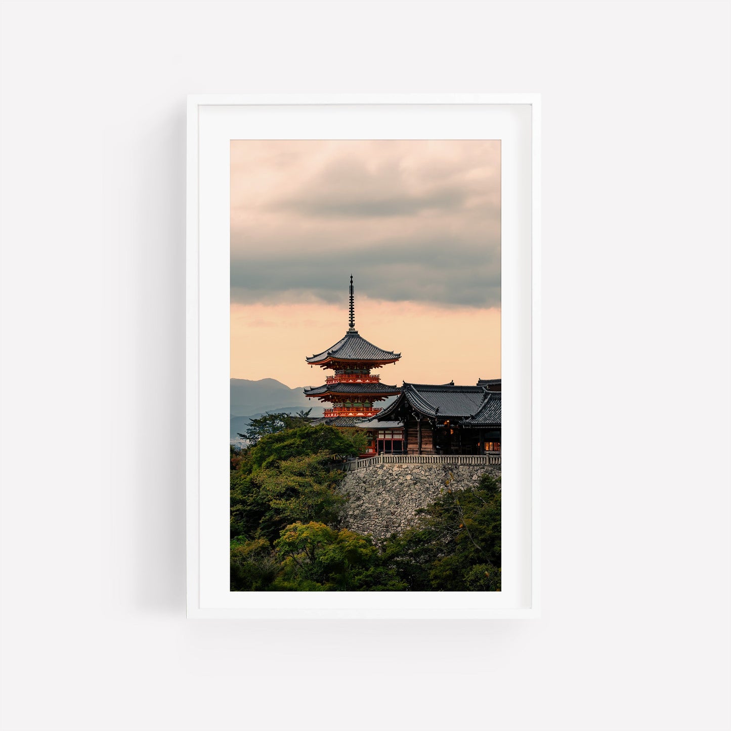 A framed photo titled "Kiyomizu-dera Sunset I" features a Japanese pagoda on a hill with lush greenery and clouds.