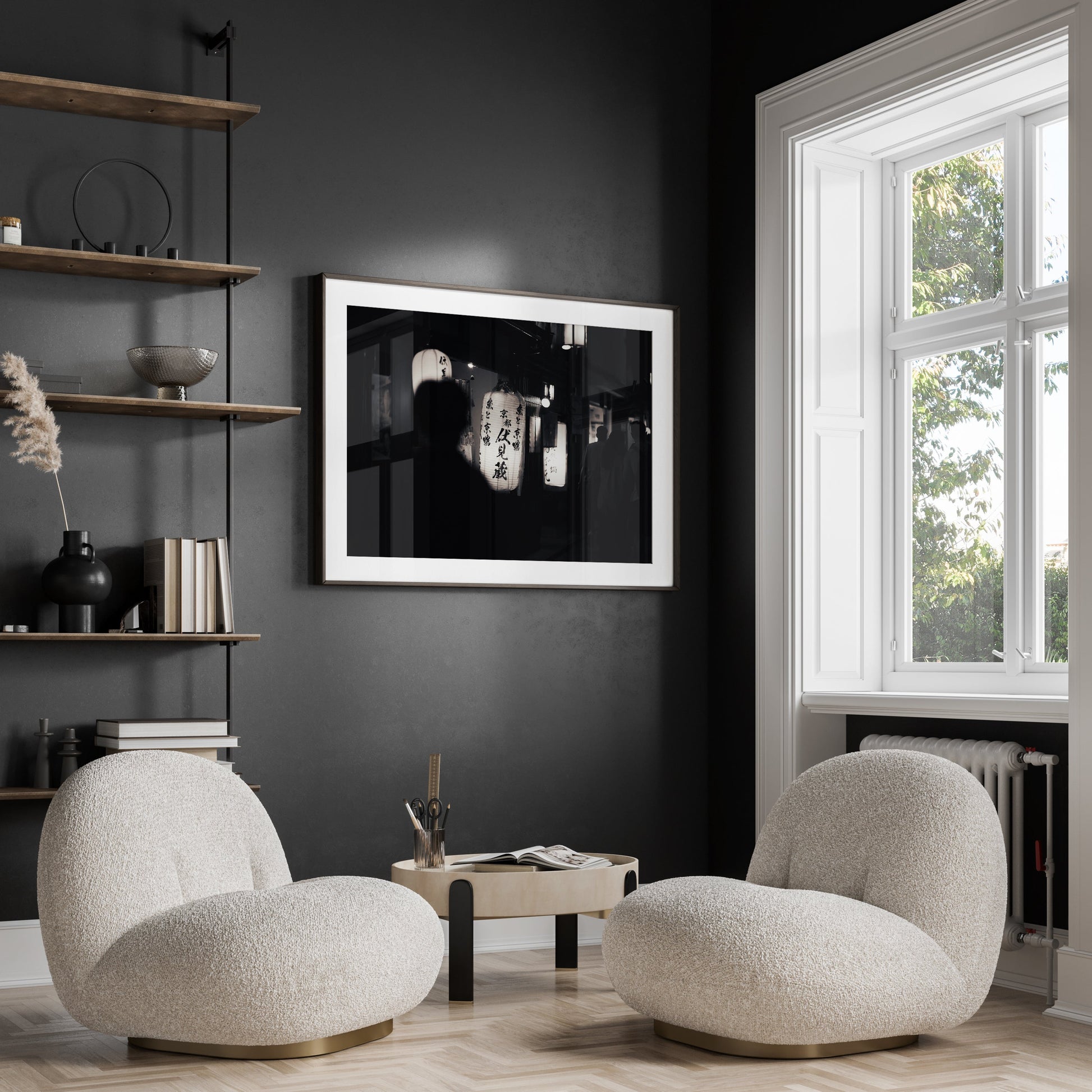 Two modern white chairs and a small table sit by the window beneath the Kyoto At Night Black and White wall art.