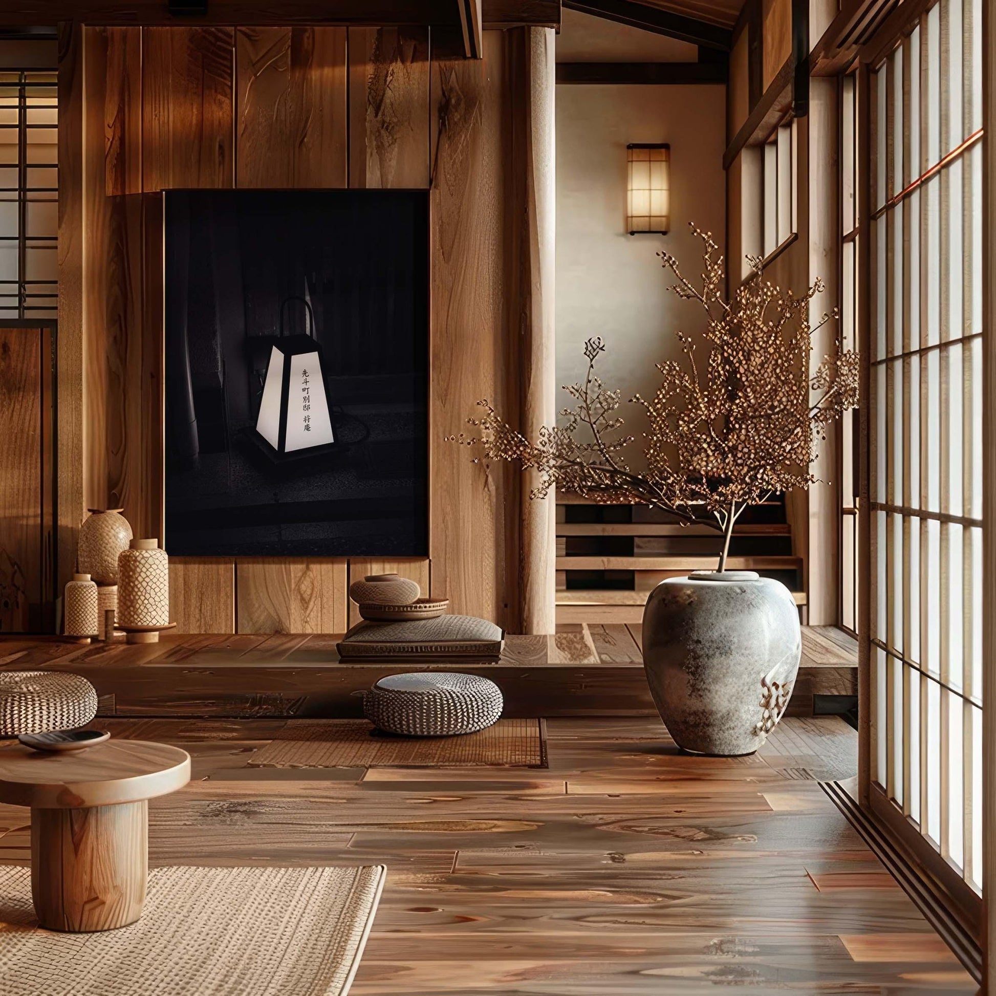 Minimalist wooden room featuring the Kyoto Lantern I in black and white, cushions, pottery, and a tall vase with branches by a sunlit window.