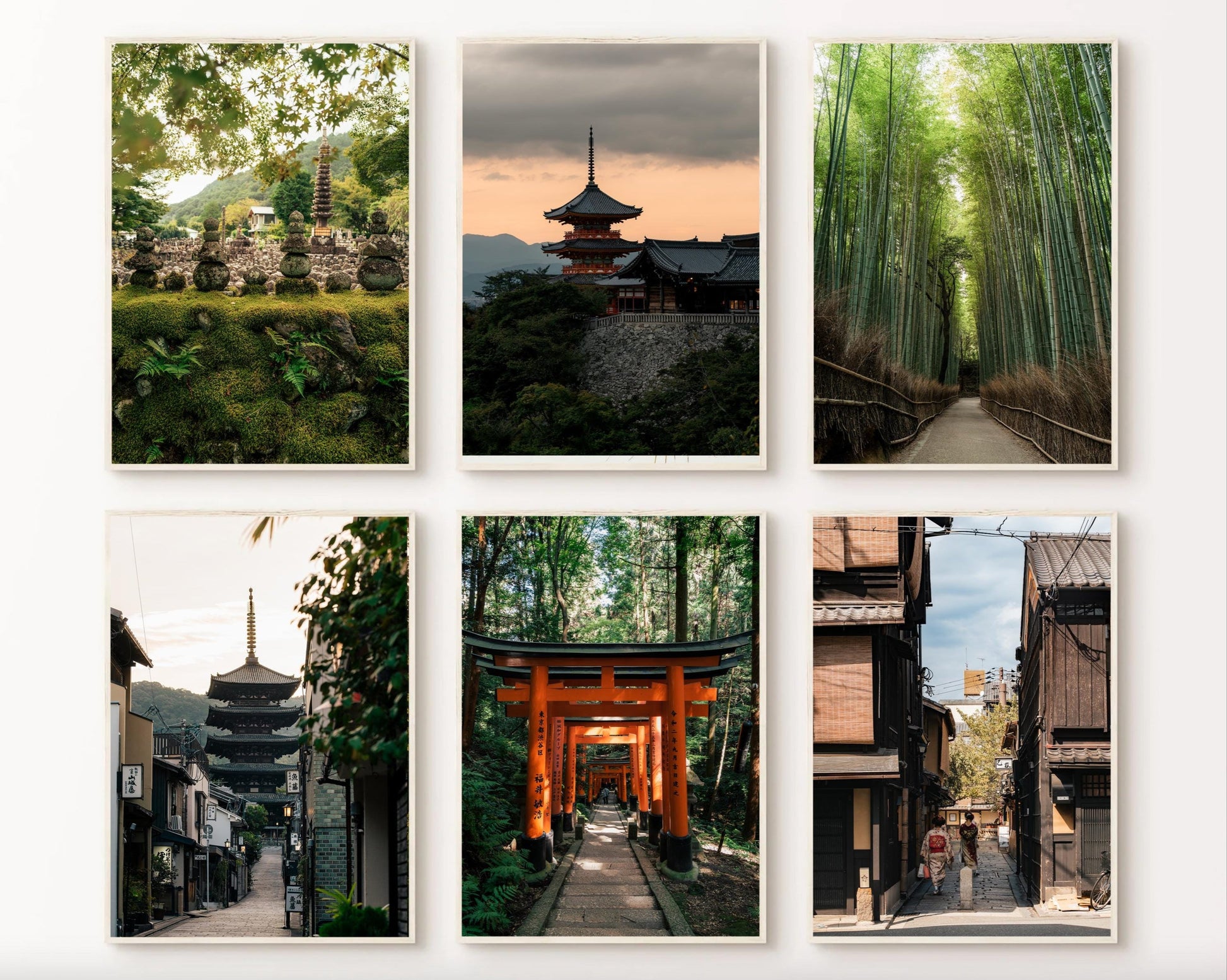 Kyoto - Set of 6 framed photos featuring pagodas, stone statues, a bamboo forest, torii gate, and wooden buildings.