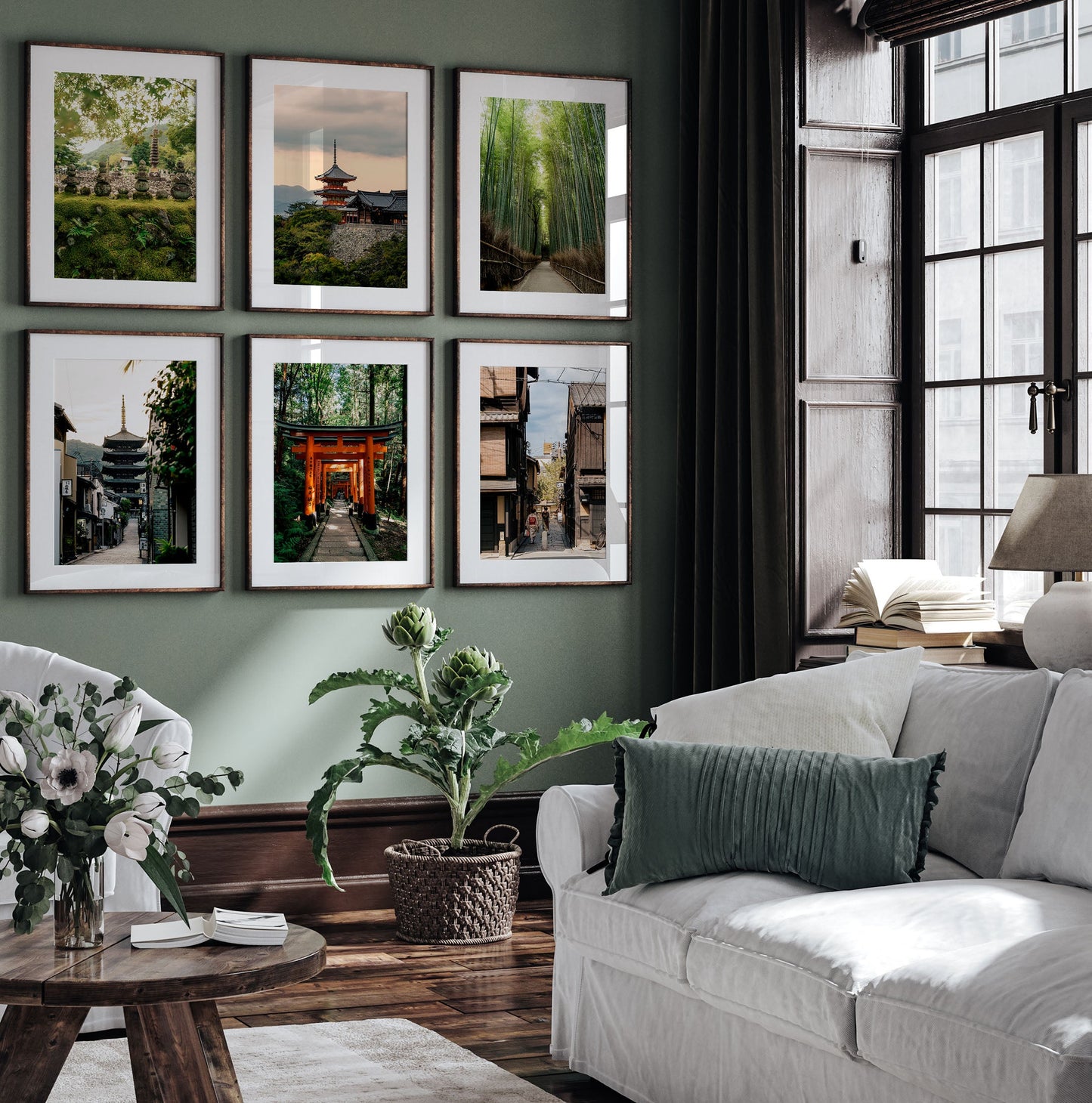 A stylish living room with white sofas, green accents, plants, and Kyoto - Set of 6 framed nature and city photos.