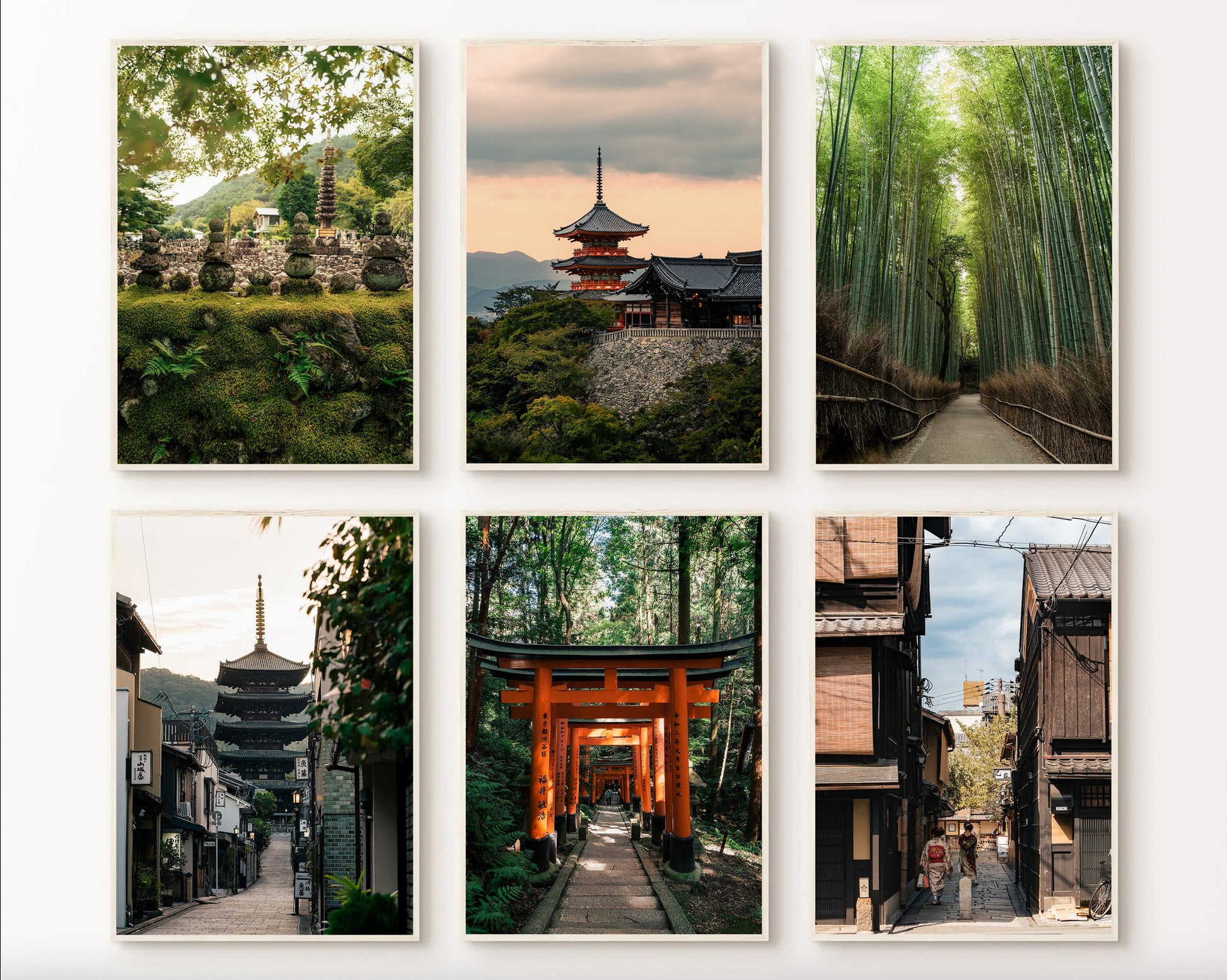Kyoto - Set of 6: A collage featuring temples, bamboo forest, torii gates, and traditional Japanese streets.