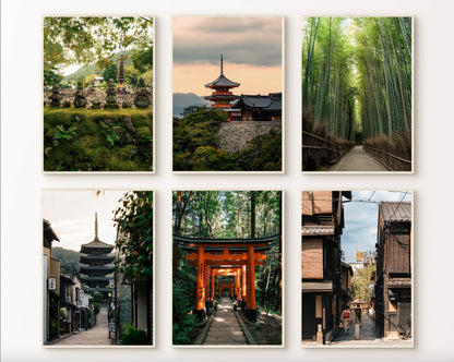 Kyoto - Set of 6: A collage featuring temples, bamboo forest, torii gates, and traditional Japanese streets.