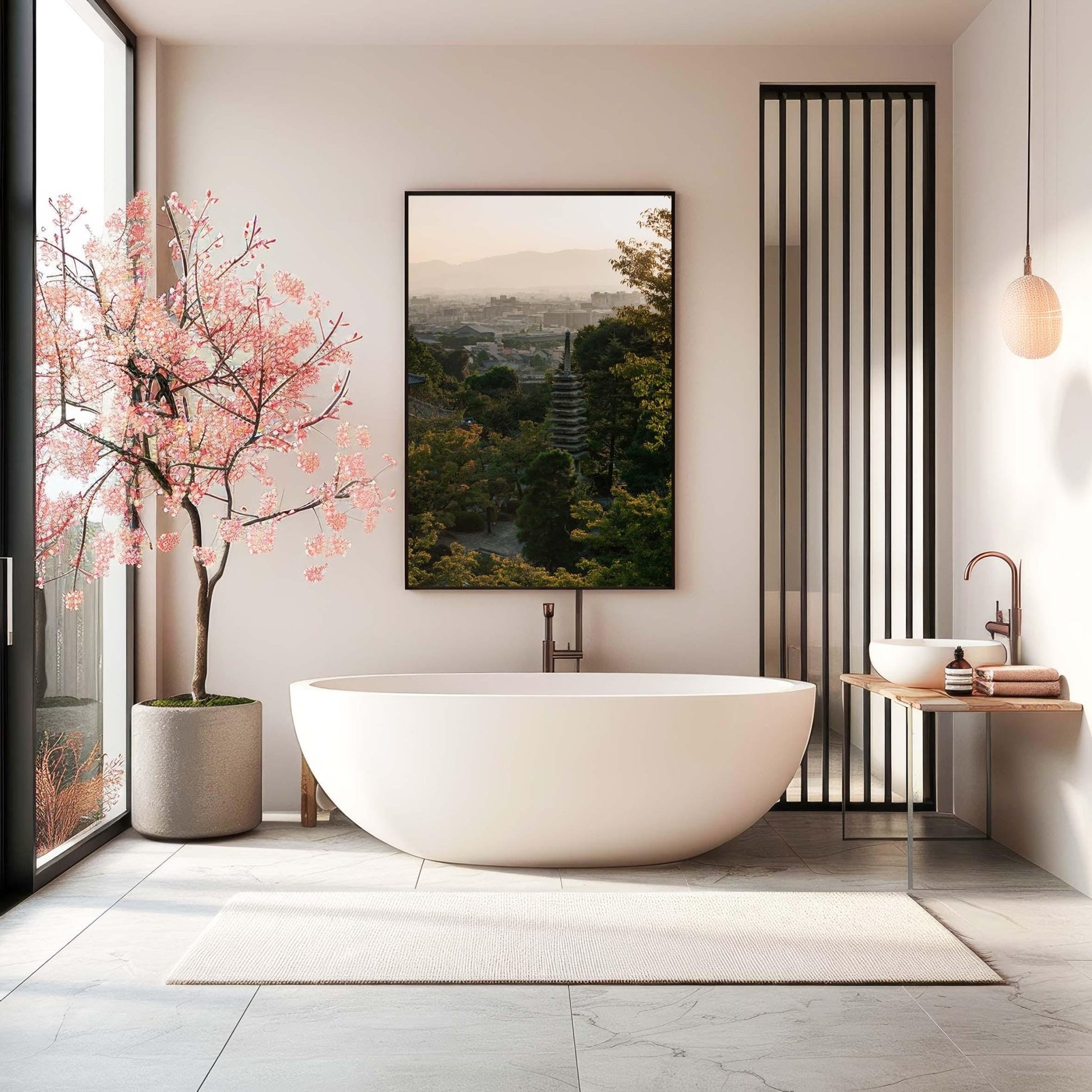 Minimalist bathroom featuring a freestanding tub, a cherry blossom tree, Kyoto Sunset Skyline II art, and a floating sink.