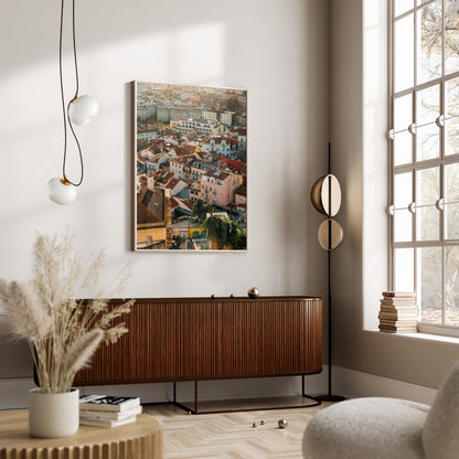 Minimalist living room featuring the Lisbon Layers wooden sideboard, modern decor, and a cityscape painting by the window.
