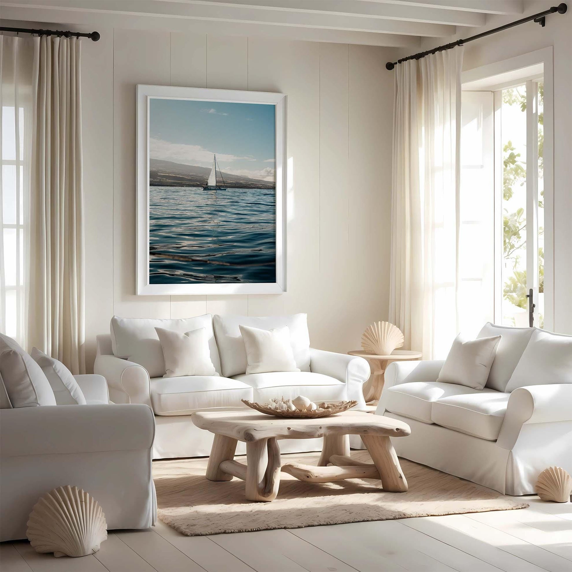 Ocean Minimalist Boat Print, Large Framed Nautical Wall Art, Calm Coastal, Beach Home Decor, Europe Sailboat Photography, Yacht Art Print