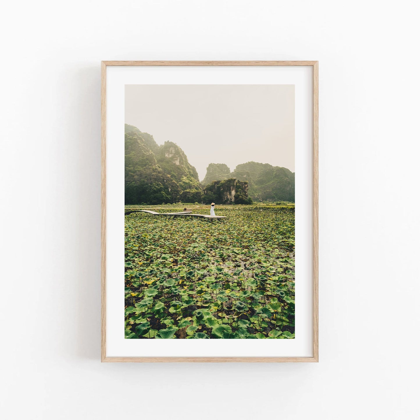 Lotus Lady framed photo depicting a person on a boat amidst a vast lotus field and rocky hills in the background.