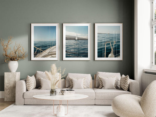 Set of 3 Elegant Yacht Photography, Calm Coastal Luxury Nautical Boat Art, Ocean Minimalist Sailboat, Modern Timeless Coastal Photography