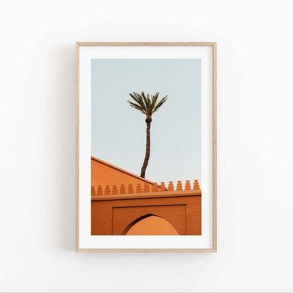 Marrakesh Palm Tree photo features a palm above an orange arch building against a pale blue sky.