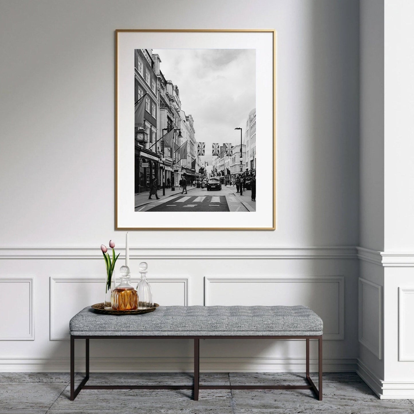 Elegant hallway with a bench and the Mayfair Black and White photo of a bustling street on the wall.