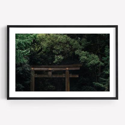 The Meiji Jingu Shrine print features a wooden torii gate surrounded by lush greenery.