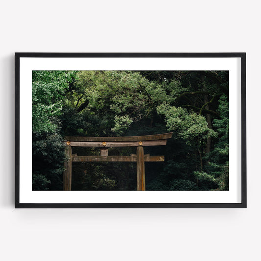 Meiji Jingu Shrine: A wooden torii gate before green trees, framed in black with a white mat.