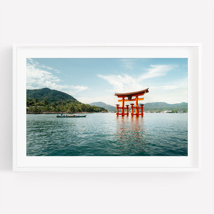 Miyajima Passage I features a red torii gate in the water, mountains, sky, and a nearby boat.