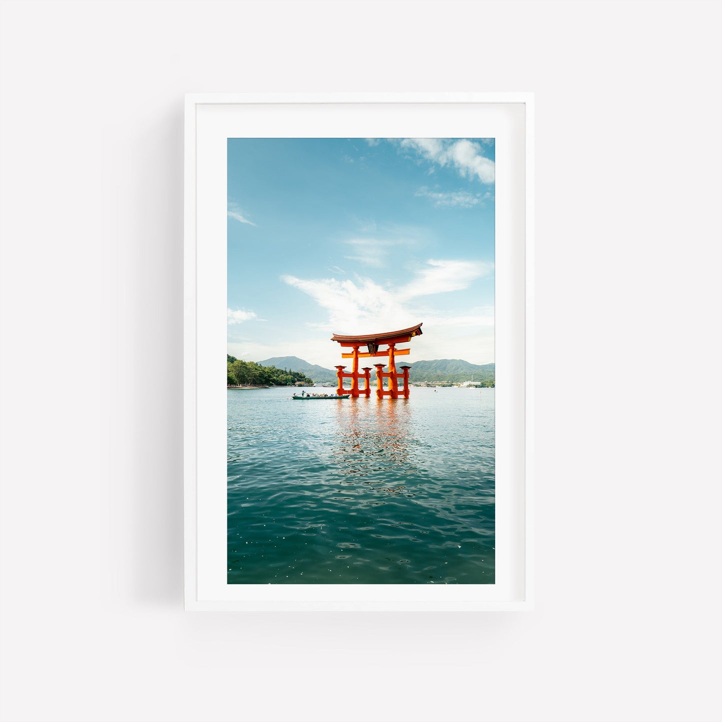 Miyajima Passage II: A framed red torii gate stands in water, set against a clear blue sky.