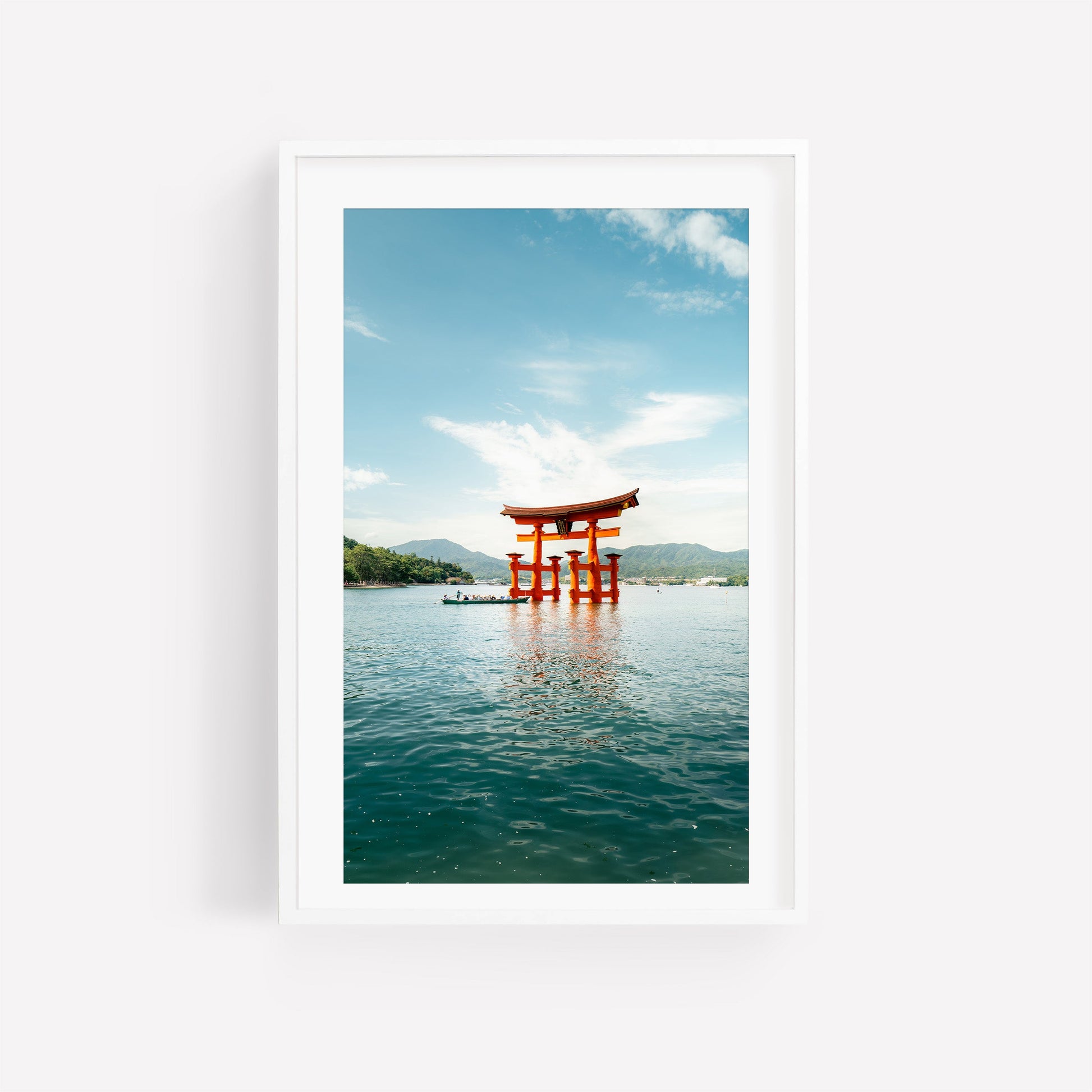 Miyajima Passage II: A framed red torii gate stands in water, set against a clear blue sky.