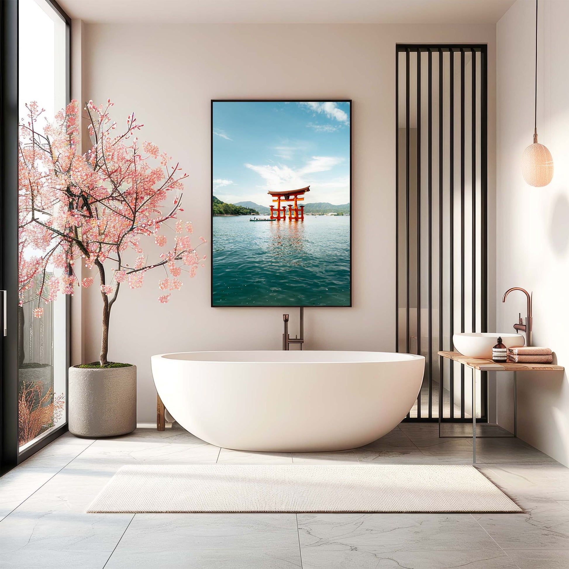 Modern bathroom with a freestanding tub, cherry blossom decor, and the Miyajima Passage II painting over water.