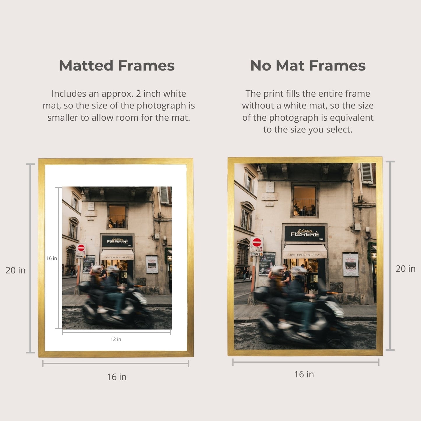 The image is a comparison between two different framed photographs. The first frame is a matte frame, and the second frame is a no mat frame. The text provides information about the size of the photographs and the frame sizes, with the first frame being approximately 12 inches and the second frame being approximately 16 inches.