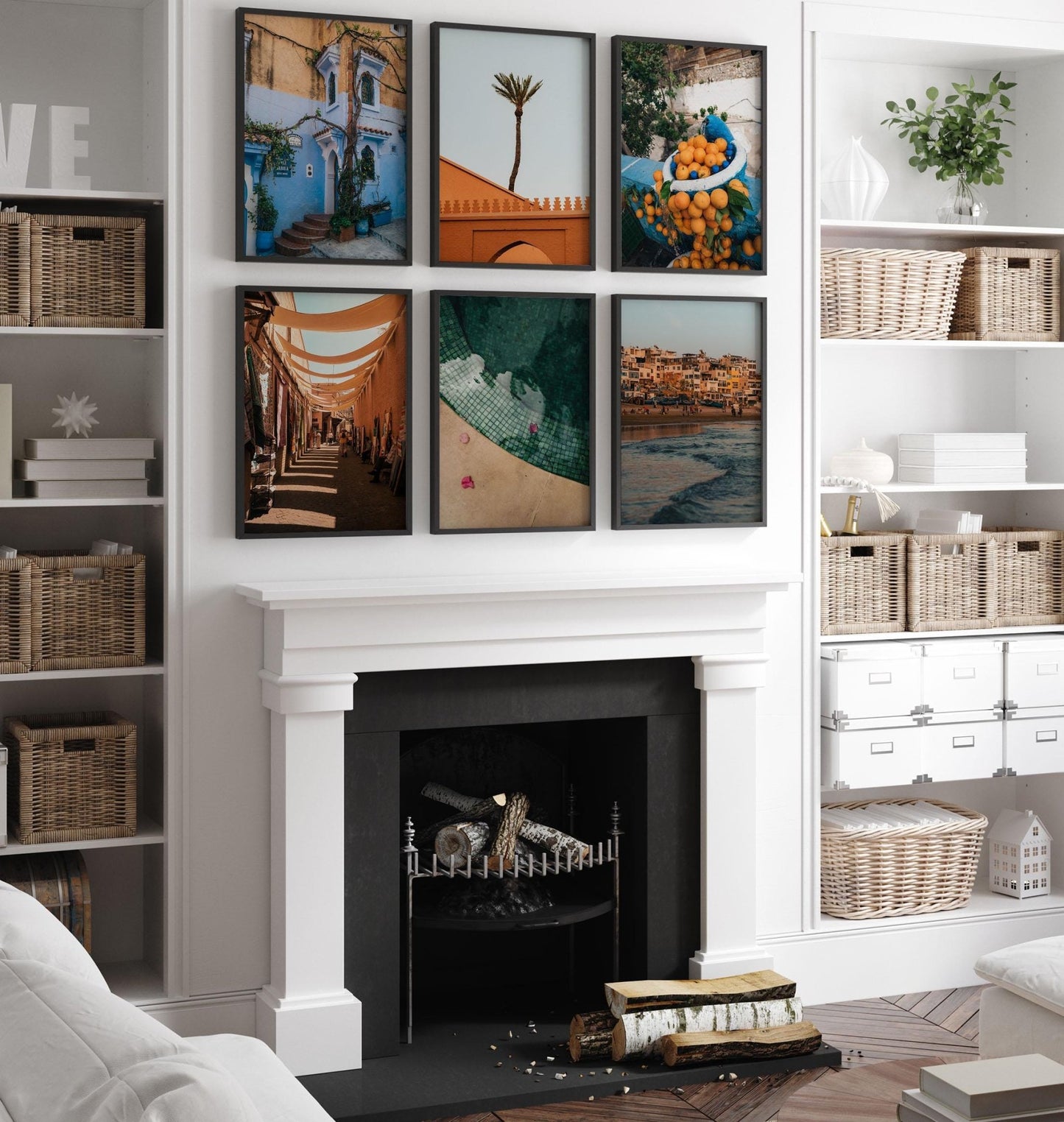 A cozy living room with a white fireplace and the Morocco - Set of 6 framed photos on the wall above it.