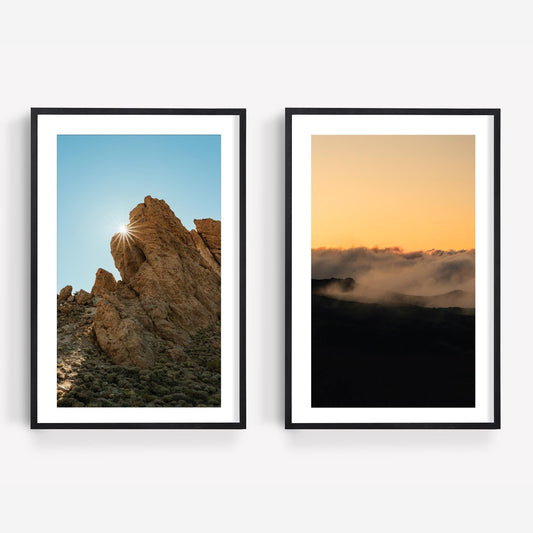 Mount Teide Reverie - Set of 2: framed rocky cliffs under blue sky and a misty, orange-hued sunset landscape.