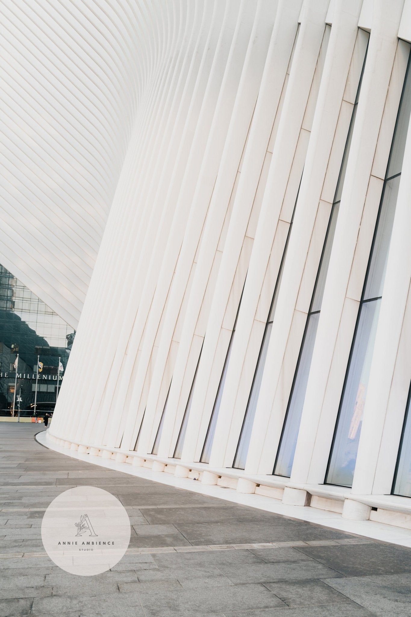 The Oculus features a modern design with tall, curved white pillars and glass windows forming an abstract architectural pattern.