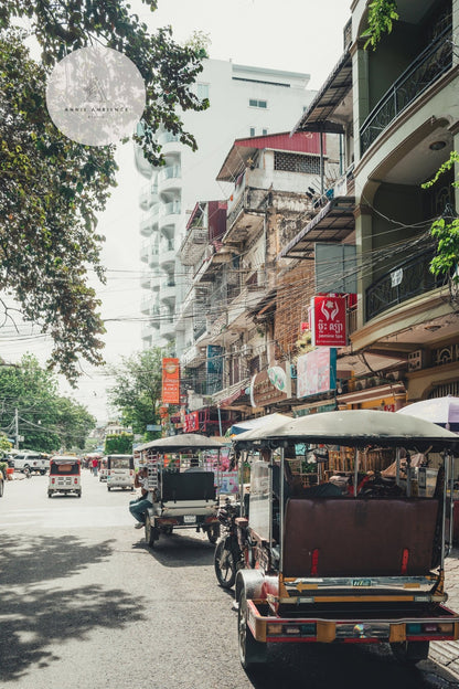 Leafy city street view with Phnom Penh TukTuk, motorbikes, and busy shops.