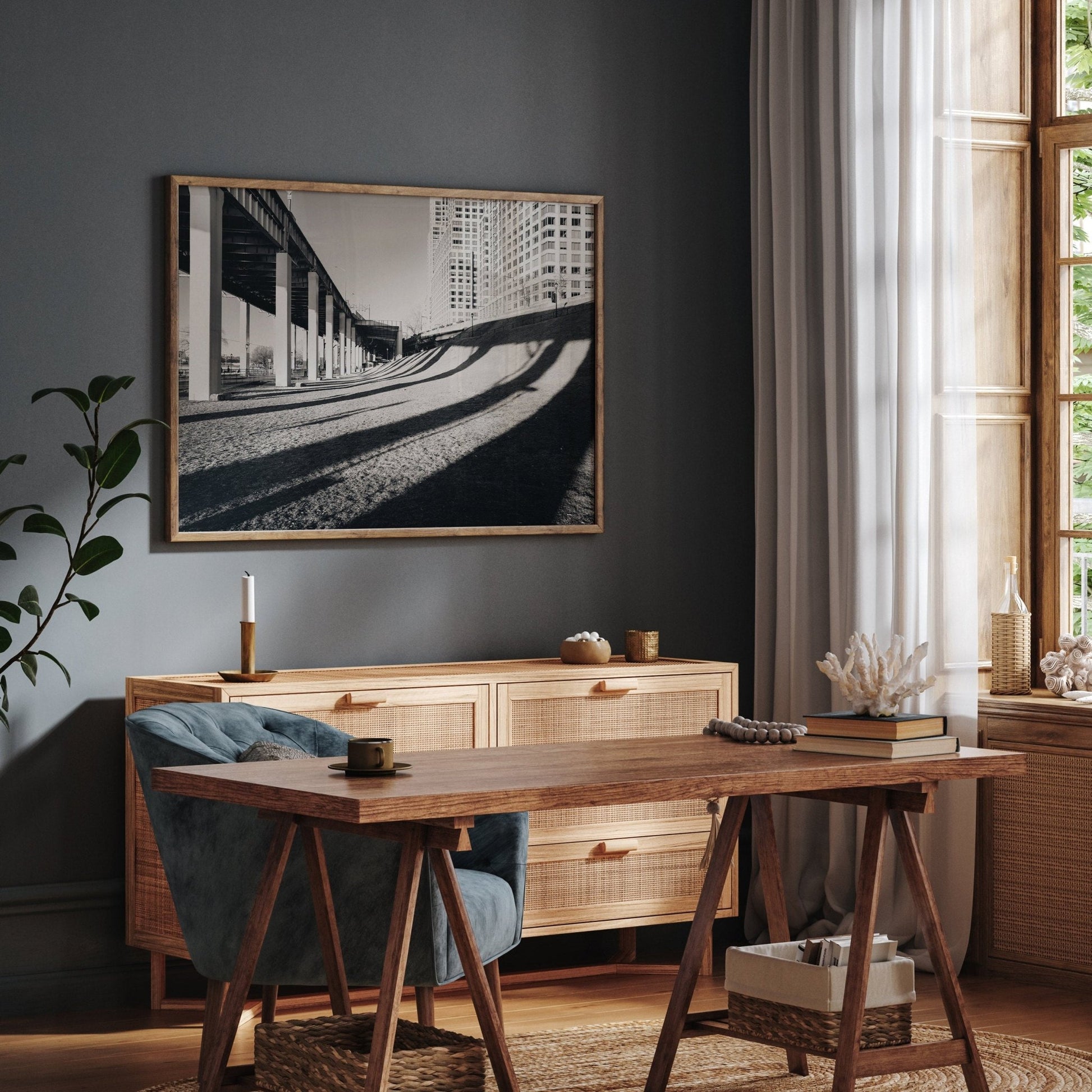 Cozy room with Riverside Shadow Black and White, modern furniture, and soft natural light through a window.