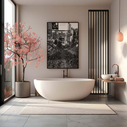 Modern bathroom featuring a freestanding tub, a cherry blossom tree, and the Shibuya Crossing - Black and White cityscape photo.