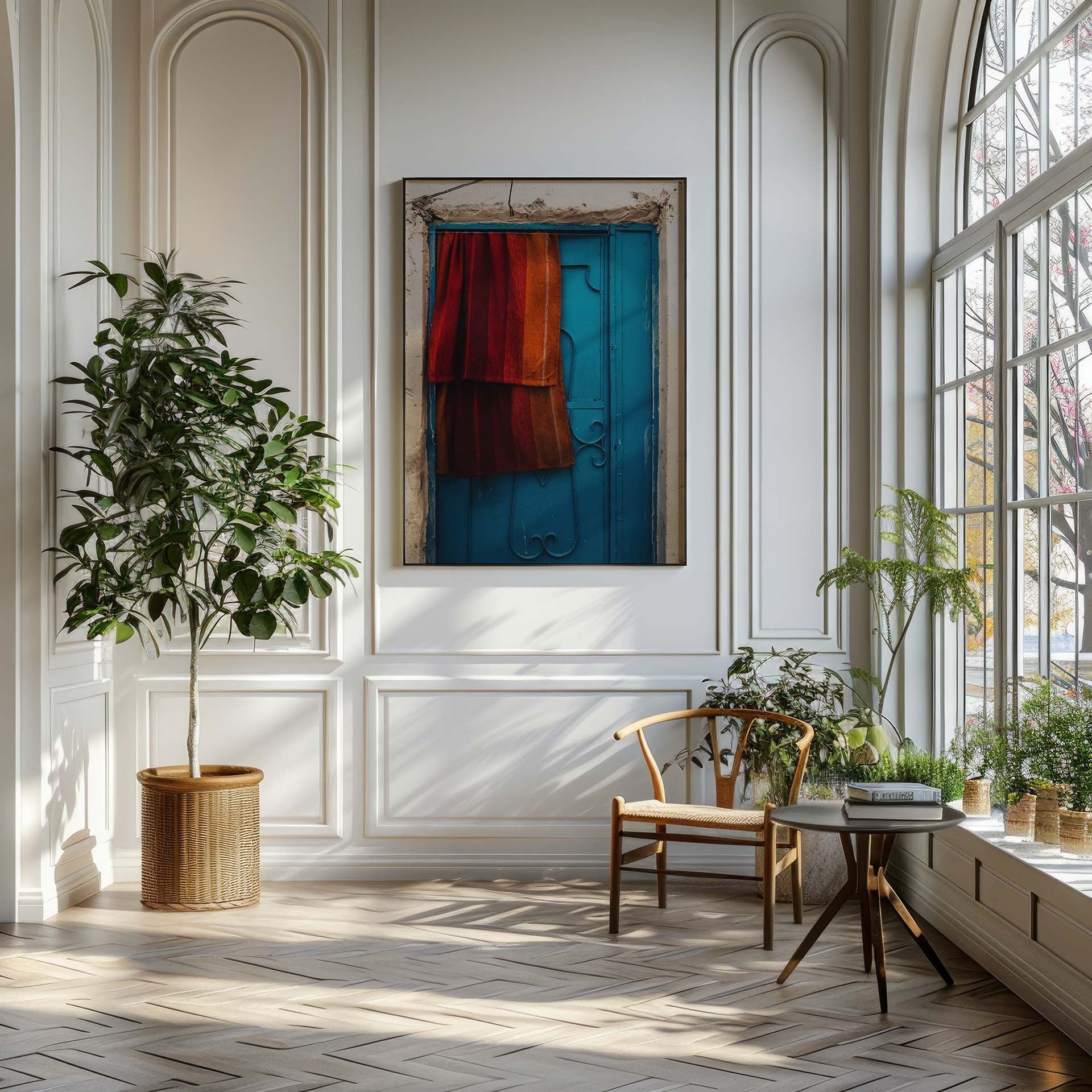 Bright room with a large window, green plants, and the Taghazout Door framed picture on the wall.