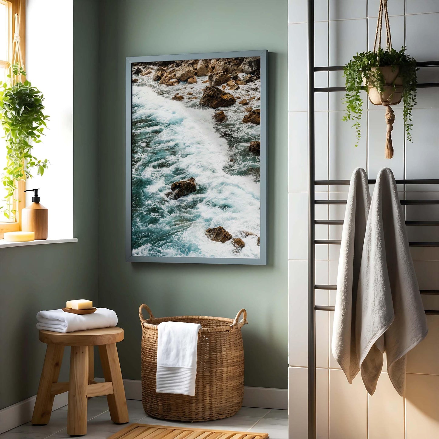 A bathroom with towels, a wicker laundry basket, and the Teal Tide framed ocean wave photo on a green wall.