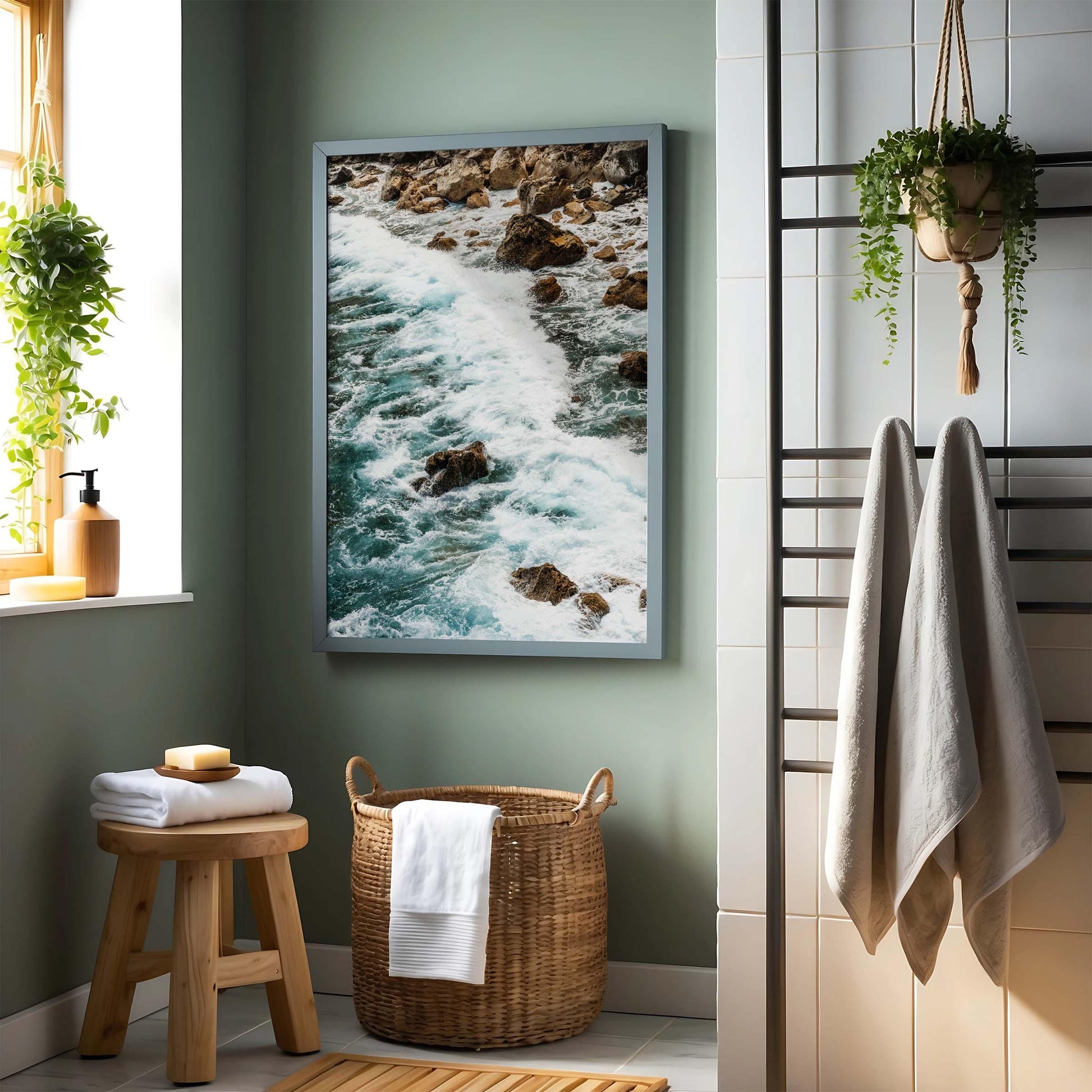 A bathroom with towels, a wicker laundry basket, and the Teal Tide framed ocean wave photo on a green wall.