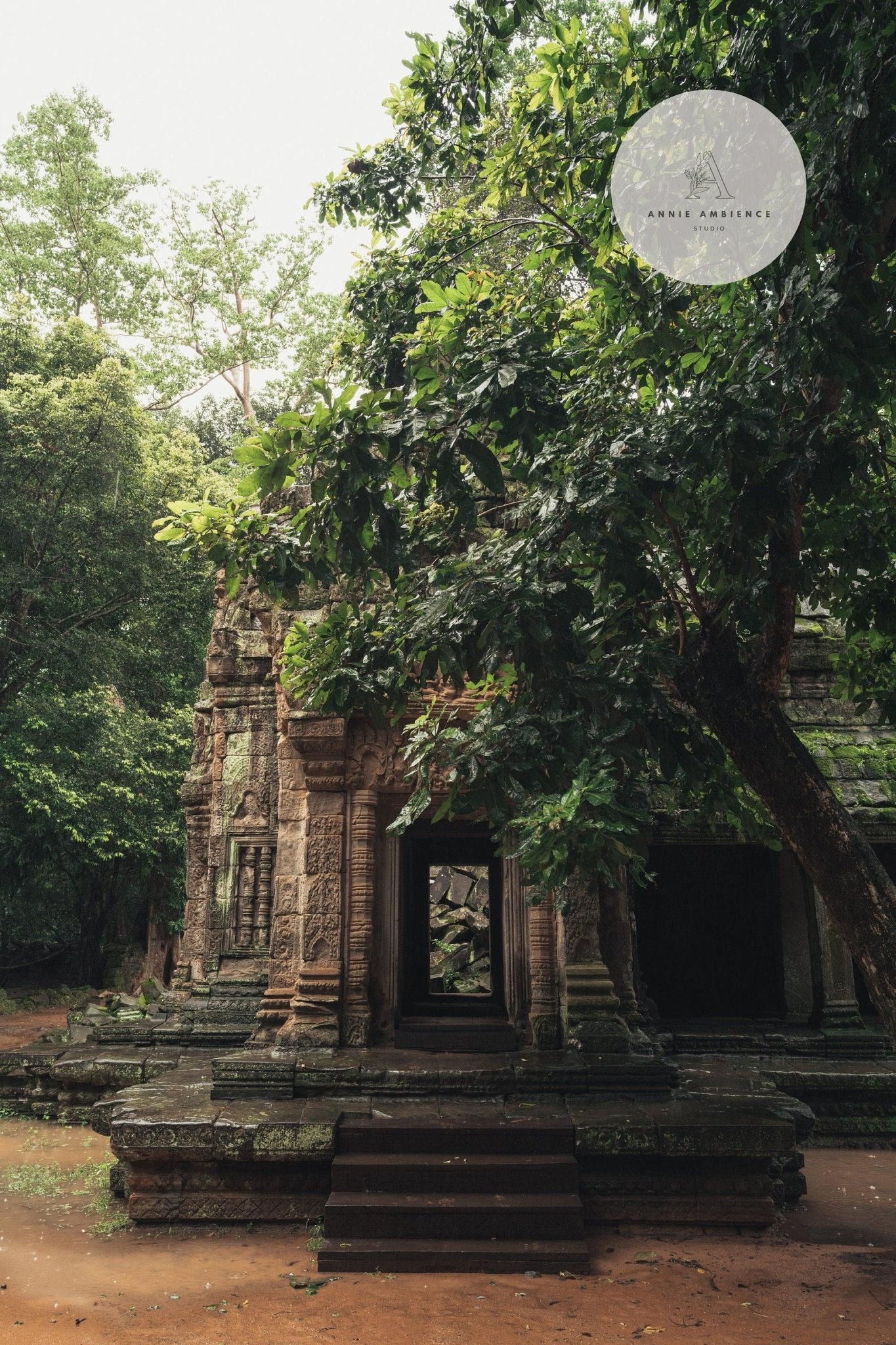 Temple II, an ancient stone temple with a tree-covered entrance and cloudy sky backdrop.