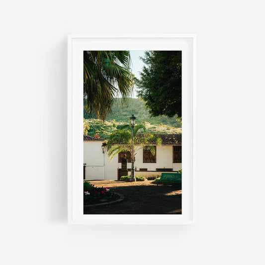 Framed photo titled Tenerife Garden shows a courtyard with palm trees, a bench, and white buildings on green hills.