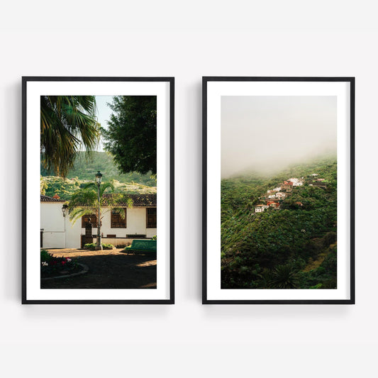 Tenerife Greenery - Set of 2: framed photos of a village square and hillside homes partly covered by fog.