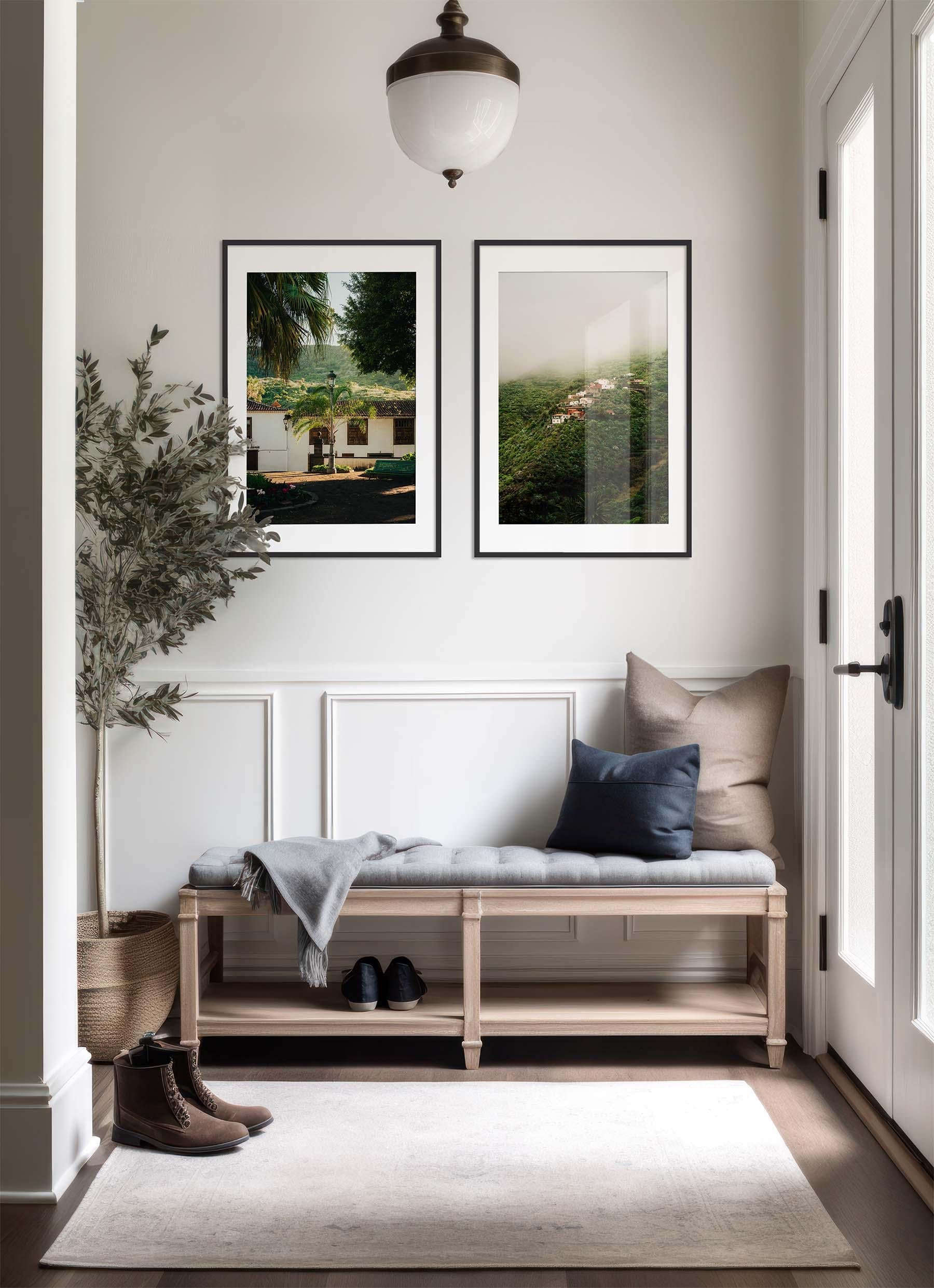 A bright entryway with a bench, pillows, boots, a potted plant, and Tenerife Greenery - Set of 2 on the wall.