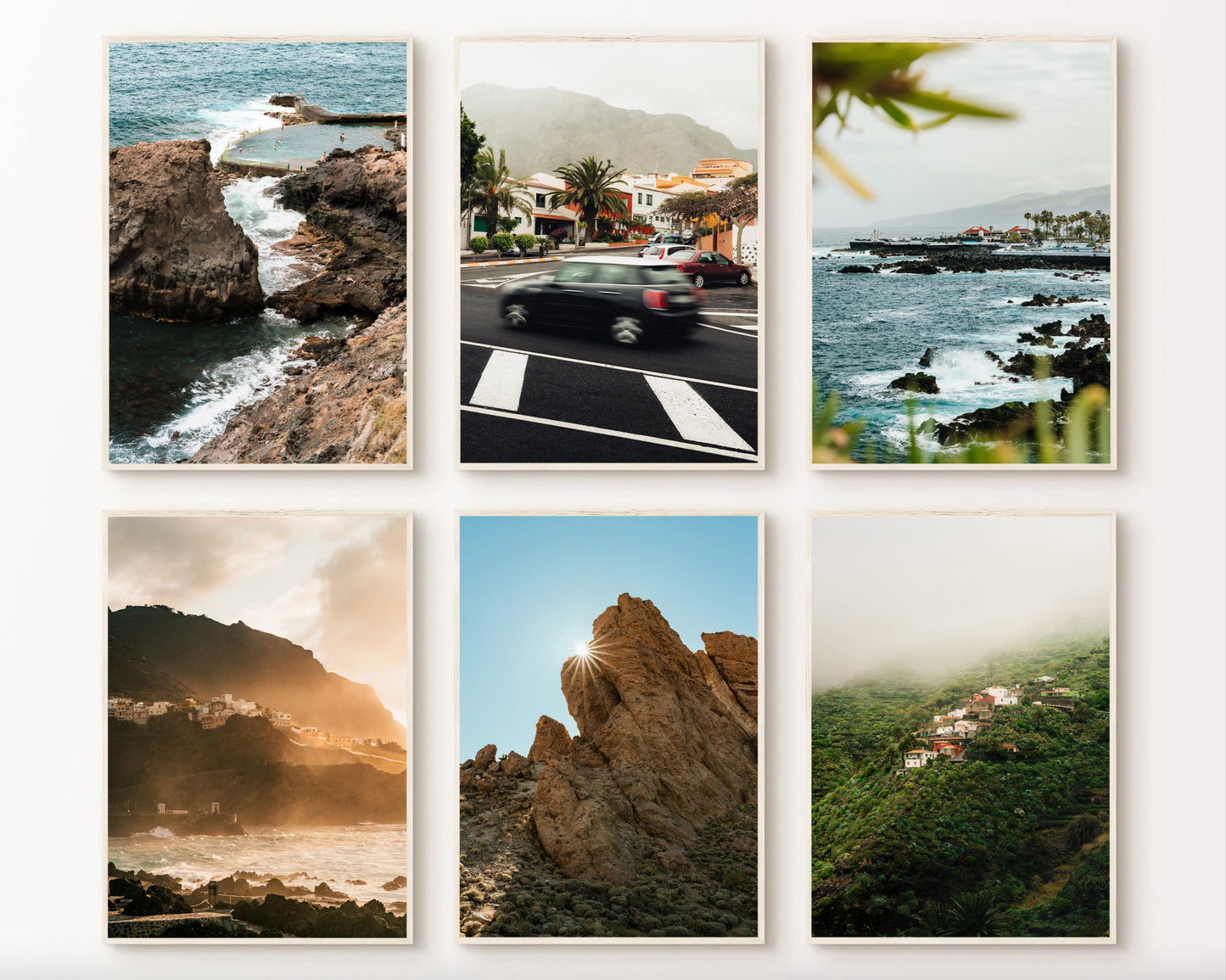 A collage of scenic Tenerife landscapes: ocean views, cliffs, hills, and a car passing coastal homes. Set of 6.