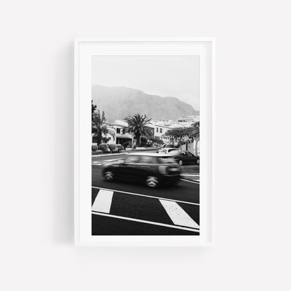 Black and White Long Exposure Motion Blur Car Photography, Tenerife Spain Europe Speeding Car Photo, Original Fine Art Travel Photography