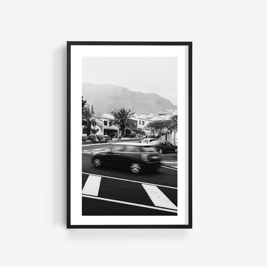 Black and White Long Exposure Motion Blur Car Photography, Tenerife Spain Europe Speeding Car Photo, Original Fine Art Travel Photography