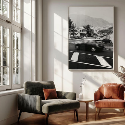 Black and White Long Exposure Motion Blur Car Photography, Tenerife Spain Europe Speeding Car Photo, Original Fine Art Travel Photography
